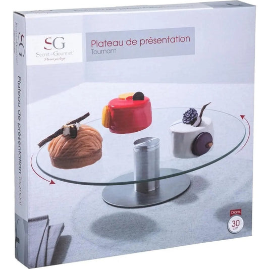 "Secret De Gourmet" Taartplateau Draaibaar | Taartplateau Met Voet | Taartbord | Taart Draaiplateau  | Duurzaam | Glas / RVS | Ø 30cm