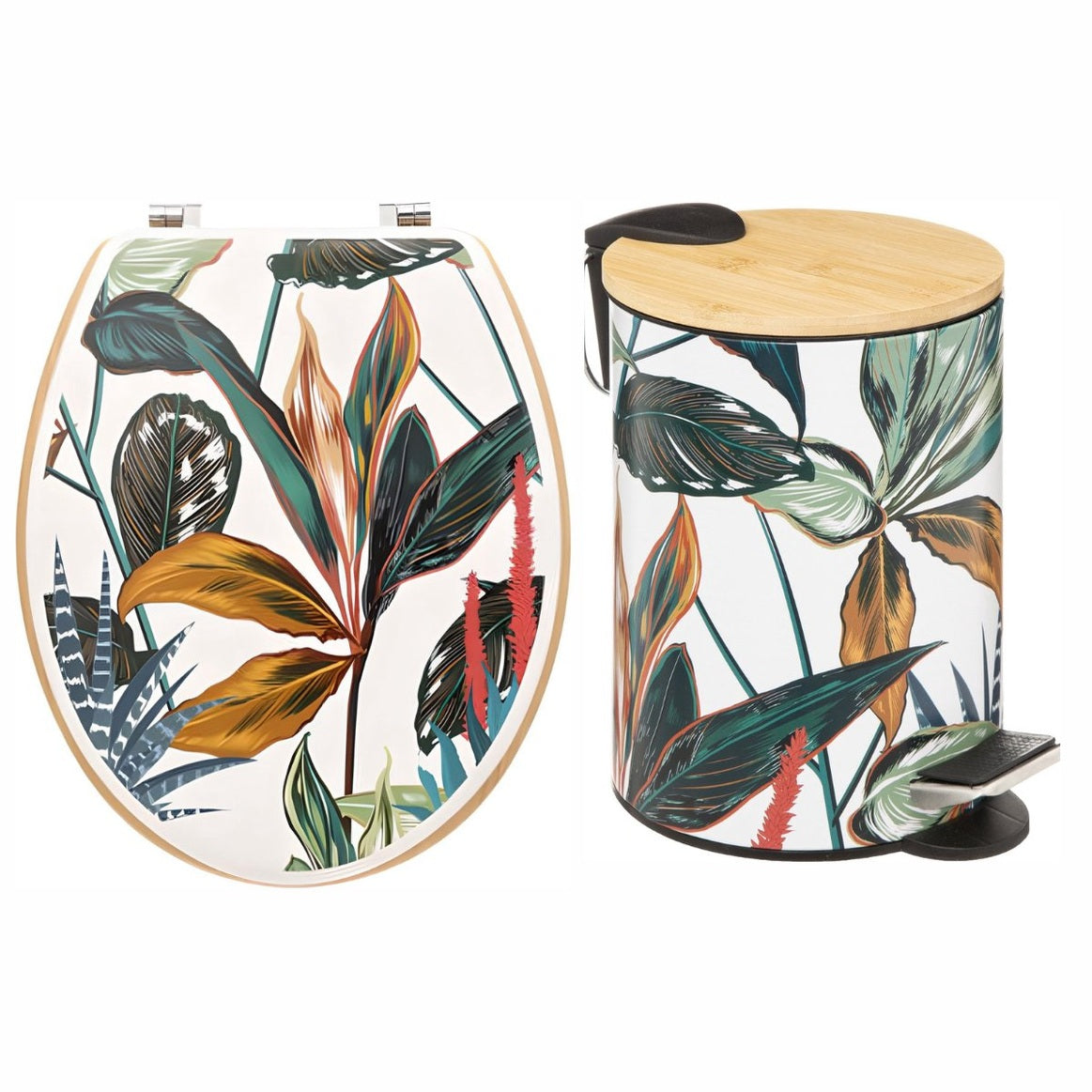 Set Toiletbril & Prullenbak – Tropische Bladeren Design – Bamboe Pedaalemmer 3L + MDF Toiletdeksel – Badkameraccessoires