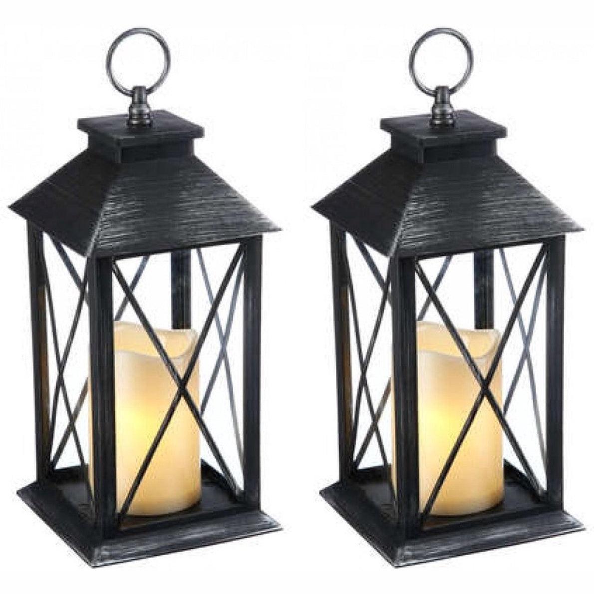 Set van 2 - Landelijke Tuinlantaarn met LED Kaars op Batterijen - Tuinverlichting / Sfeerverlichting - Zwart - Windlicht op Batterijen - Tafellamp voor Buiten met Vlameffect