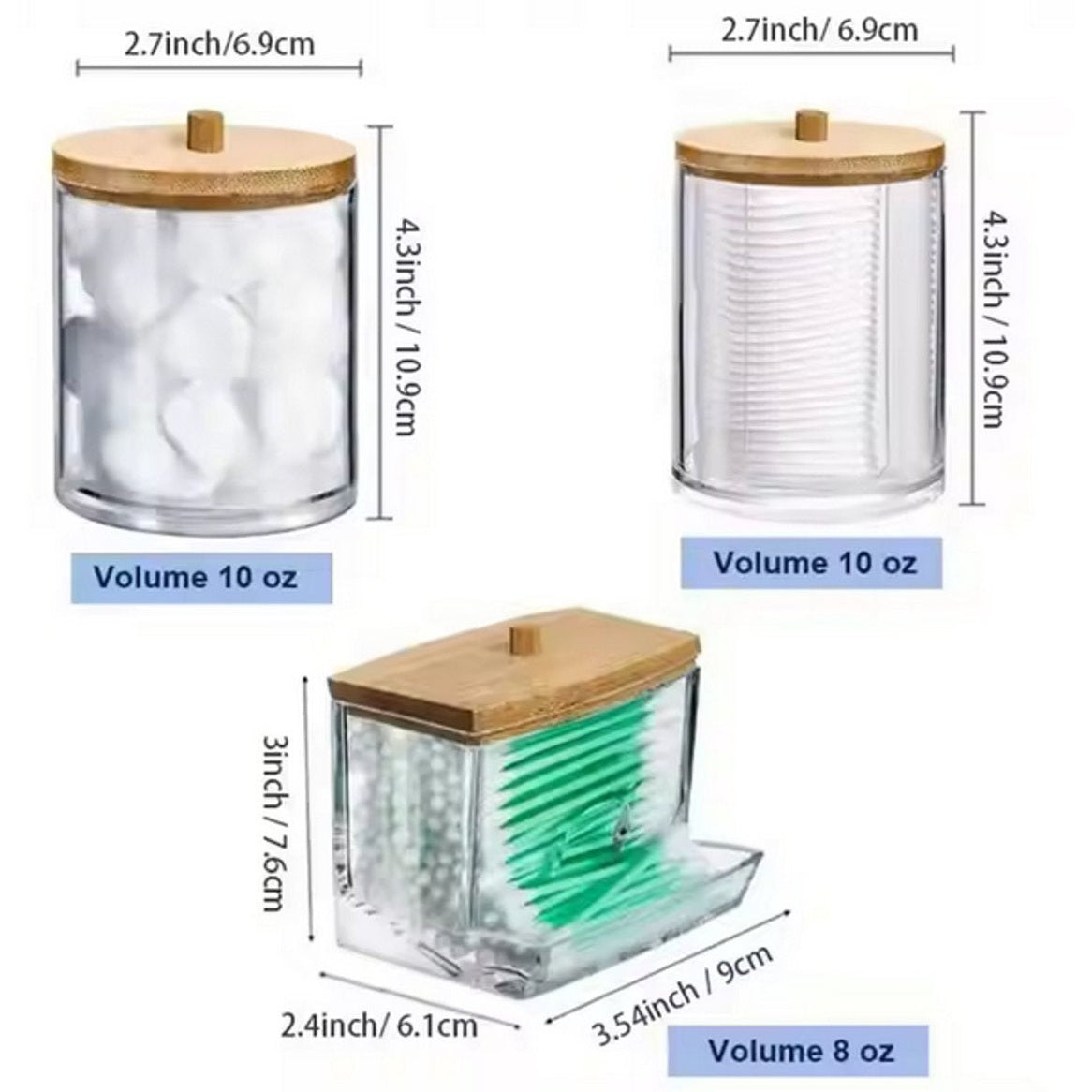 Set van 3 Wattenhouders – Badkamerorganizer met Houten Dekseks voor Wattenstaafjes, Wattenschijfjes en Wattenbolletjes - Stofvrij