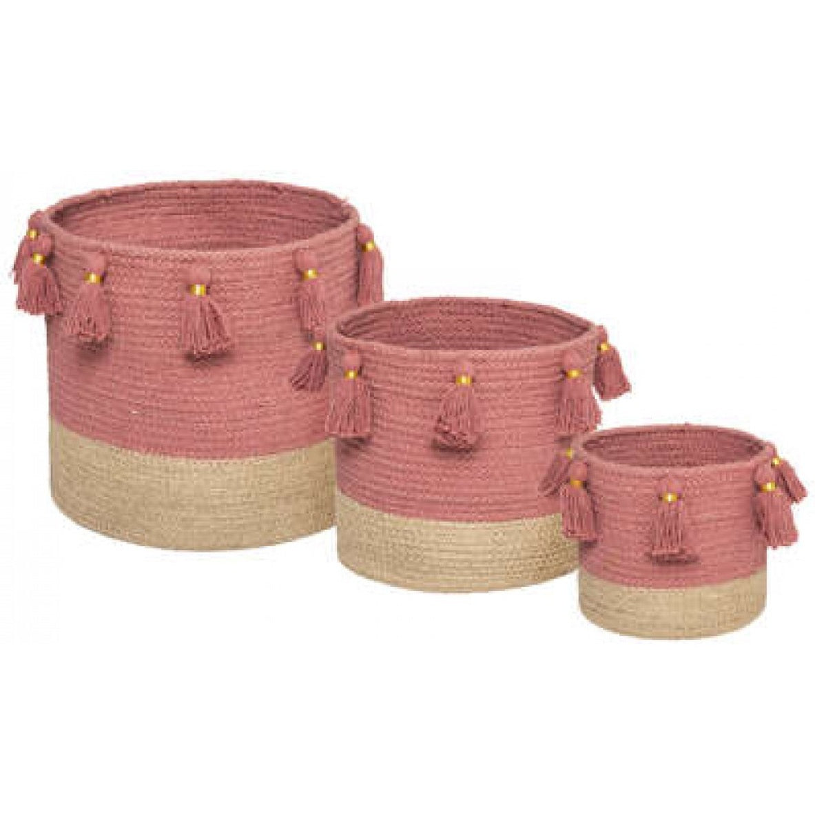 Set van 3 manden met PomPoms | 3 Boho Manden | Natuurlijke manden | Oud roze/Naturel Opbergmanden