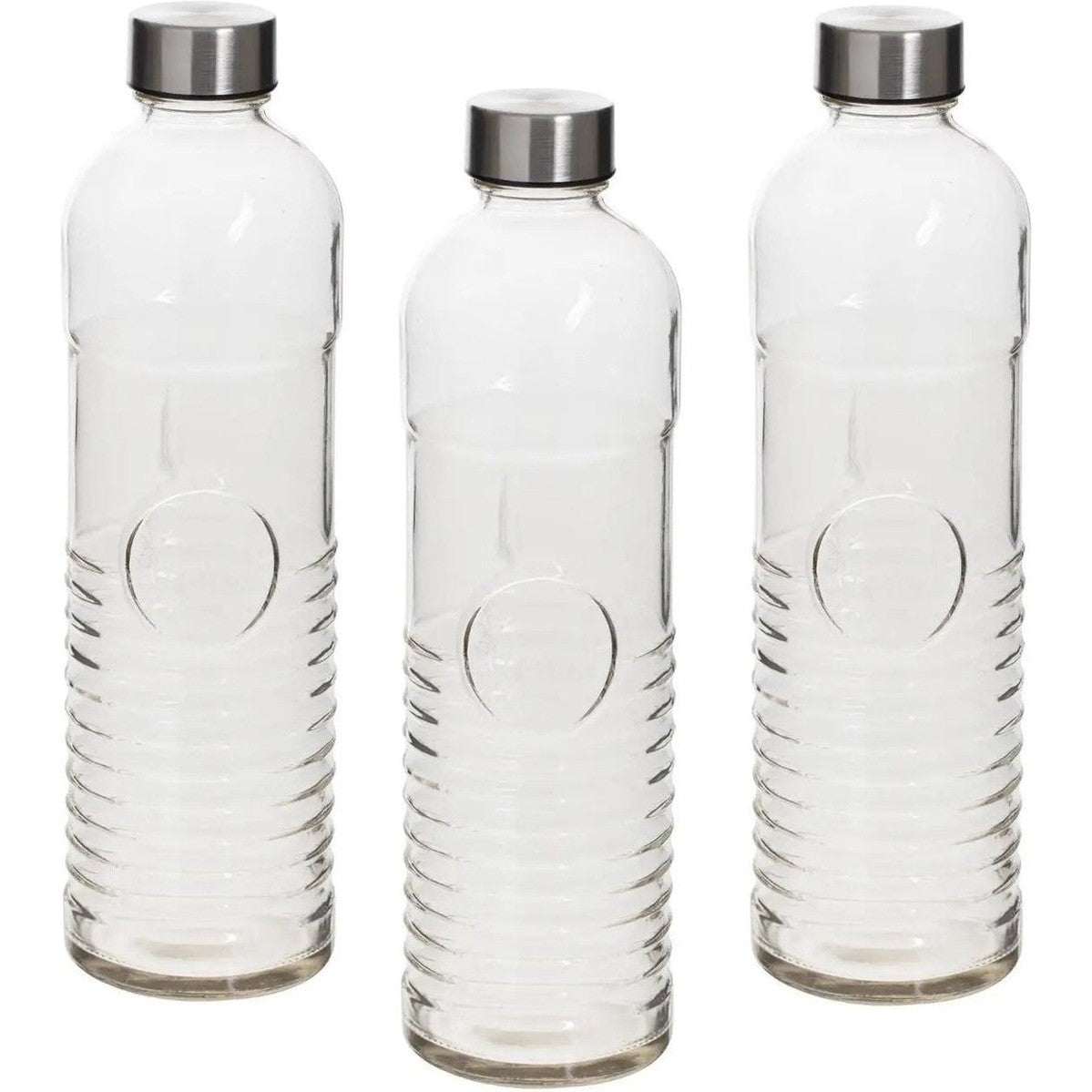 Set van 3x stuks waterflessen/drinkflessen 1 liter van gehard ribbel glas - Glazen drink flessen