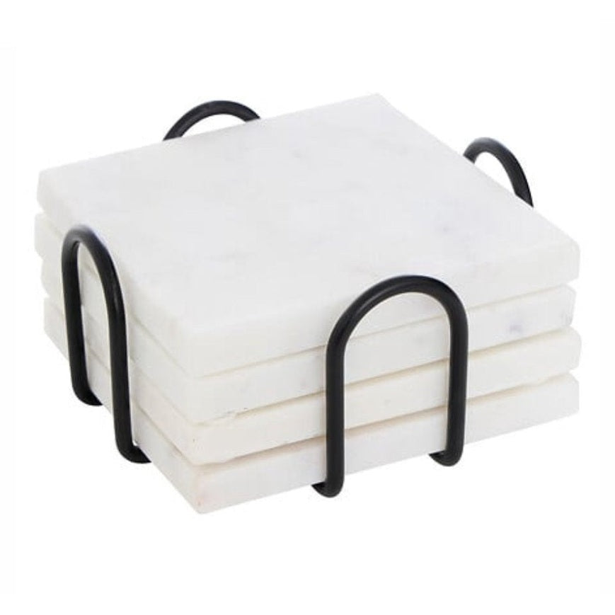Set van 4 Witte Marmeren Onderzetters met Zwarte Houder - Ø 10 cm - Vierkante Onderzetters - Glasonderzetters - MODESTNOVA