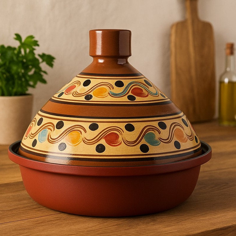 Tajine 30 cm – Handgemaakt Aardewerk & Aluminium – Traditioneel Marokkaans – Rood/Bont - Geschikt voor alle warmtebronnen - Inclusief inductie