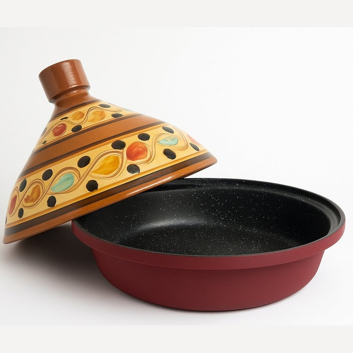 Tajine 30 cm – Handgemaakt Aardewerk & Aluminium – Traditioneel Marokkaans – Rood/Bont - Geschikt voor alle warmtebronnen - Inclusief inductie