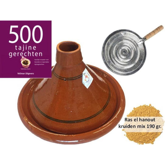 Tajine pakket - 6 pers tajine, 190 gr kruiden, kookboek, vlammenverdeler