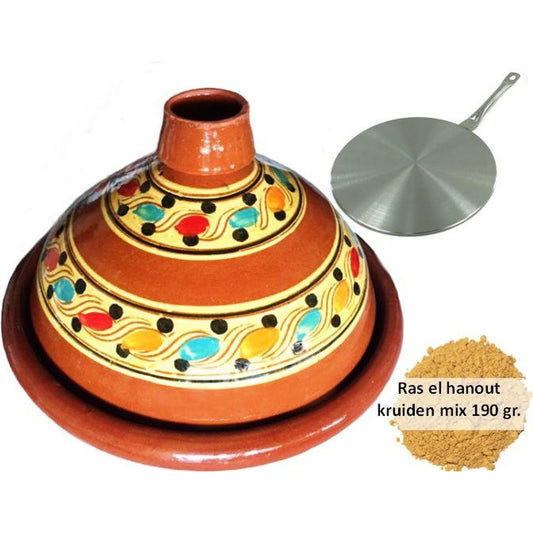 Voordeelpakket aardewerk tajine set, inductie adapter + 190 gr kruiden