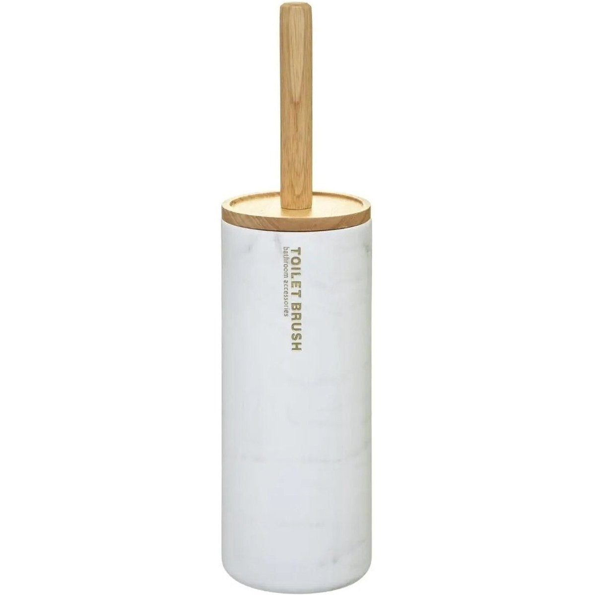 WC-/toiletborstel met houder rond wit met marmer effect kunststof/bamboe 38 cm