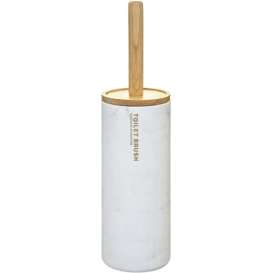 WC-/toiletborstel met houder rond wit met marmer effect kunststof/bamboe 38 cm