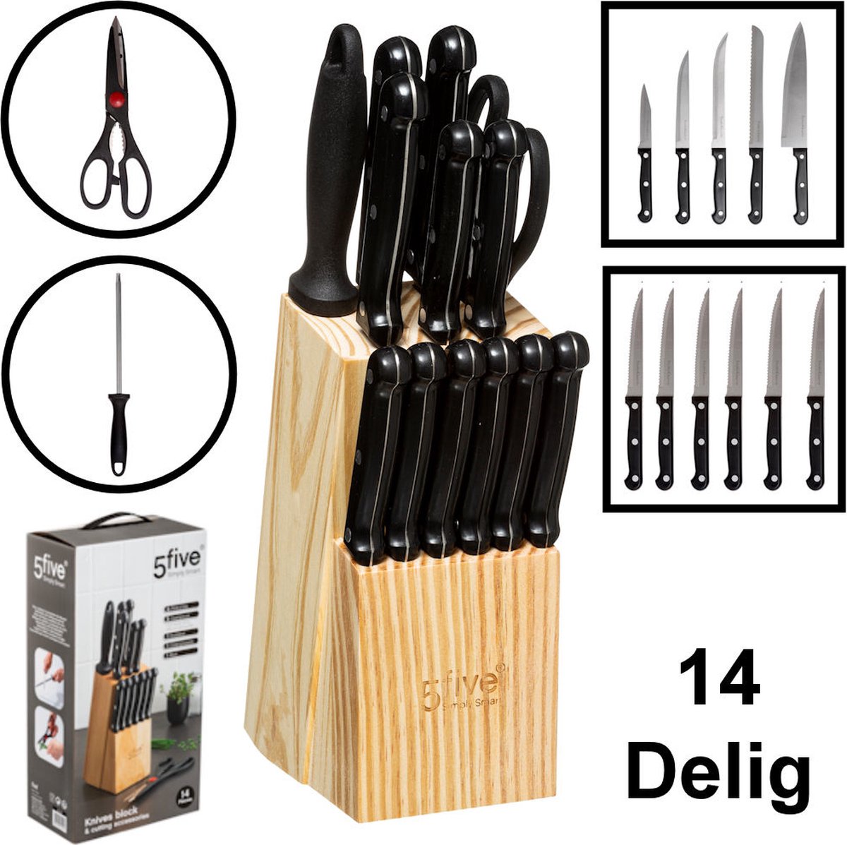 14-Delig Messenblok met Messen - Rvs Messenset op Houten Messenblok - 11 Keuken Messen - Keuken schaar - Messenslijper