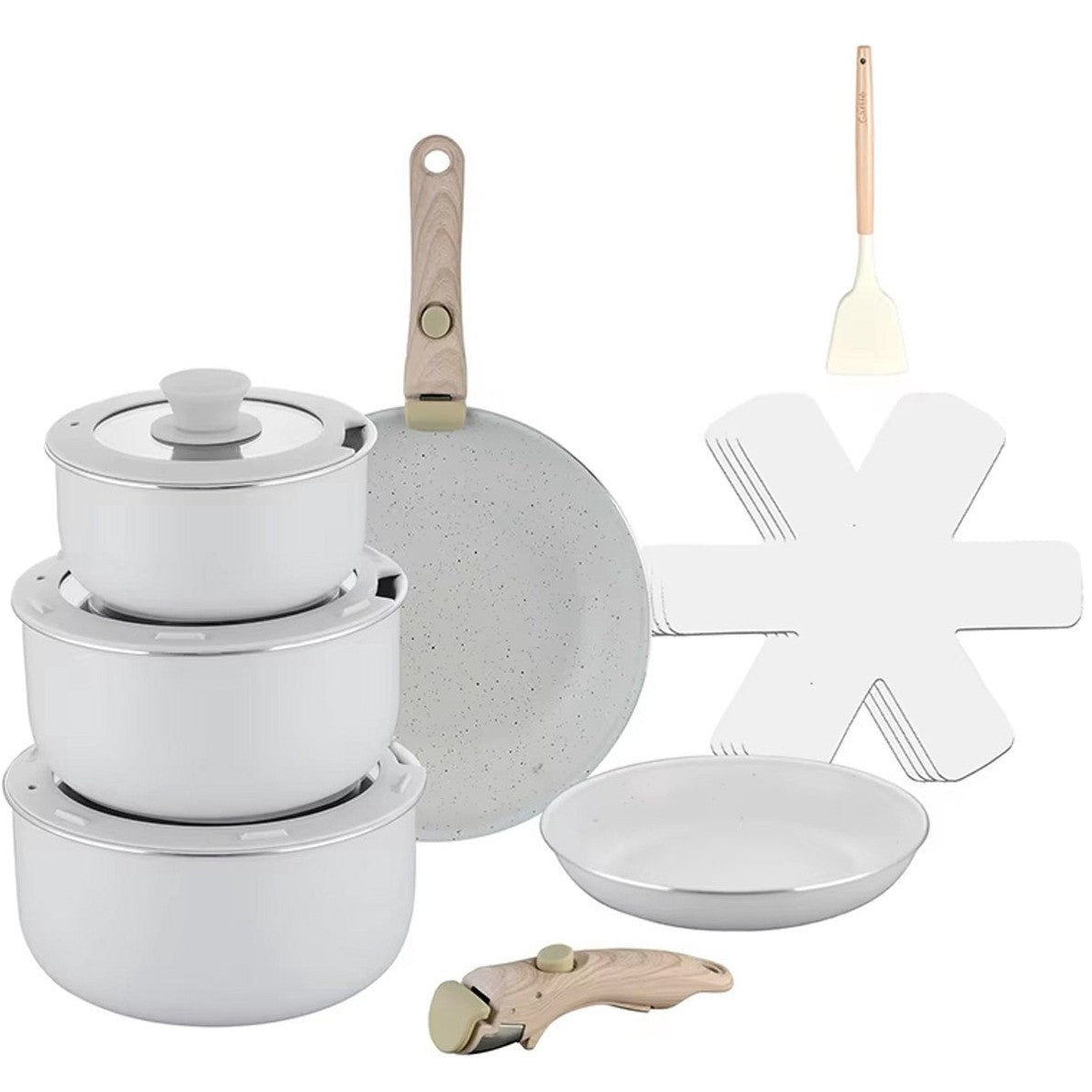 15-delige Luxe Pannenset – Elegant Wit – Ultra Non-stick – Met 2 Afneembare Houten Handgrepen, Panbeschermers & Siliconen Spatel