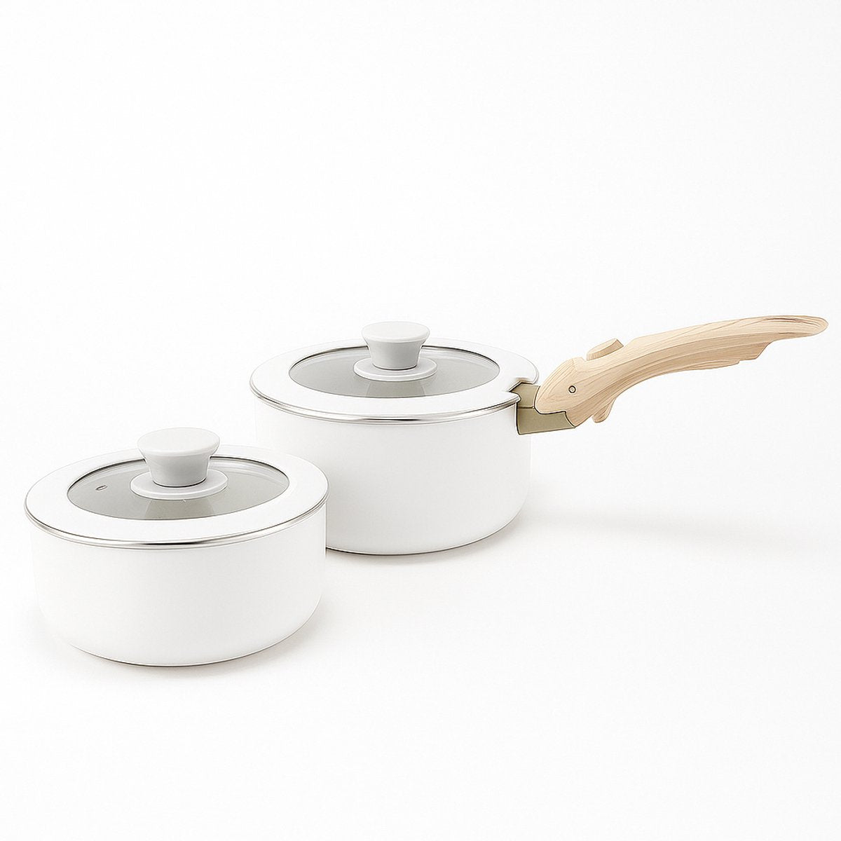 15-delige Luxe Pannenset – Elegant Wit – Ultra Non-stick – Met 2 Afneembare Houten Handgrepen, Panbeschermers & Siliconen Spatel