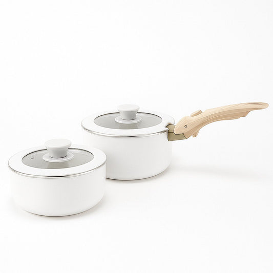 15-delige Luxe Pannenset – Elegant Wit – Ultra Non-stick – Met 2 Afneembare Houten Handgrepen, Panbeschermers & Siliconen Spatel