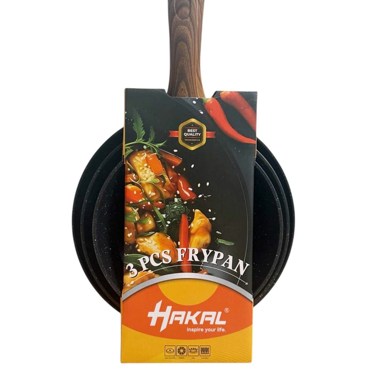 3-delige Koekenpannenset – Ø20/24/28 cm – Marmercoating met Hittebestendige Houten Look Handgrepen – Geschikt voor Alle Warmtebronnen