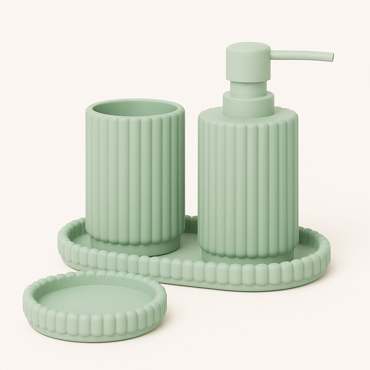 4-delige Lichtgroene Badkamer & Keukenset - Zeepdispenser, Zeepbakje, Tandenborstelhouder en Plateau - Modern Design van Hars - Zeeppomp - Zeepset