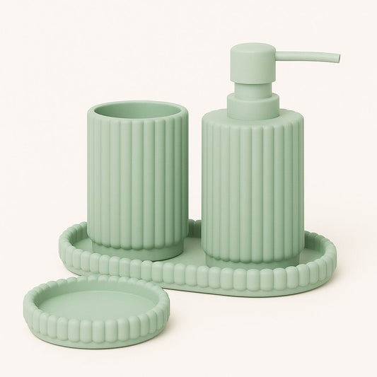 4-delige Lichtgroene Badkamer & Keukenset - Zeepdispenser, Zeepbakje, Tandenborstelhouder en Plateau - Modern Design van Hars - Zeeppomp - Zeepset