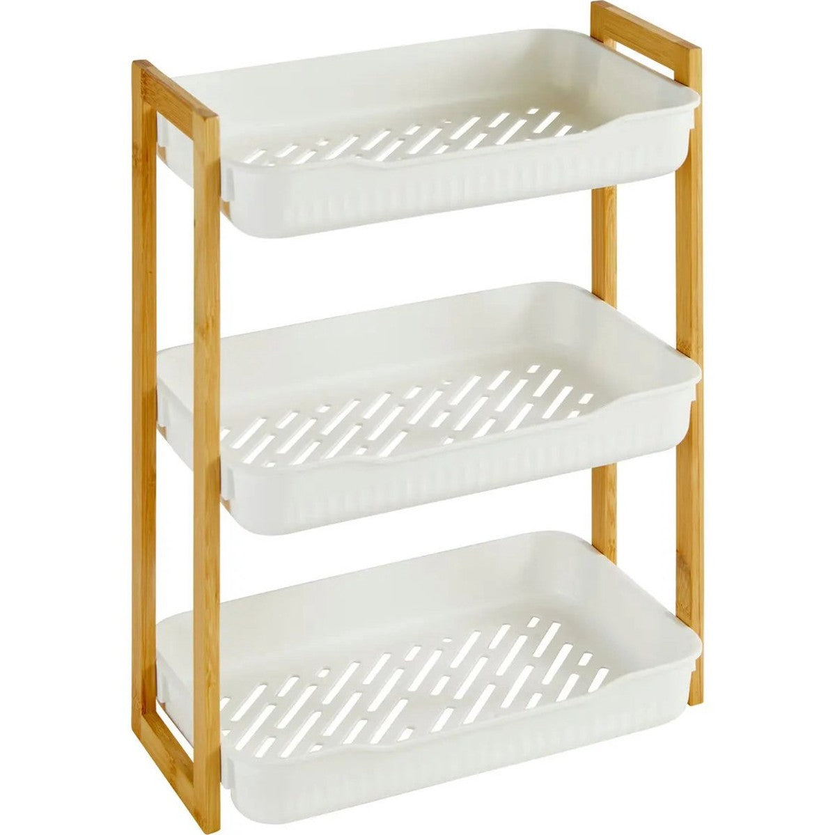 5Five Badkamer douche rekje - 3 laags - recht model - wit - kunststof/bamboe - 35 x 20 x 45 cm