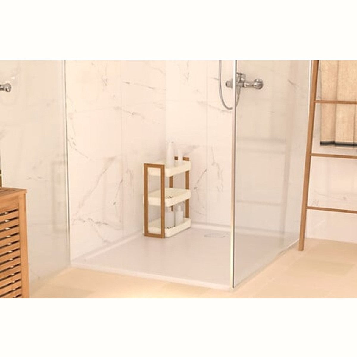 5Five Badkamer douche rekje - 3 laags - recht model - wit - kunststof/bamboe - 35 x 20 x 45 cm