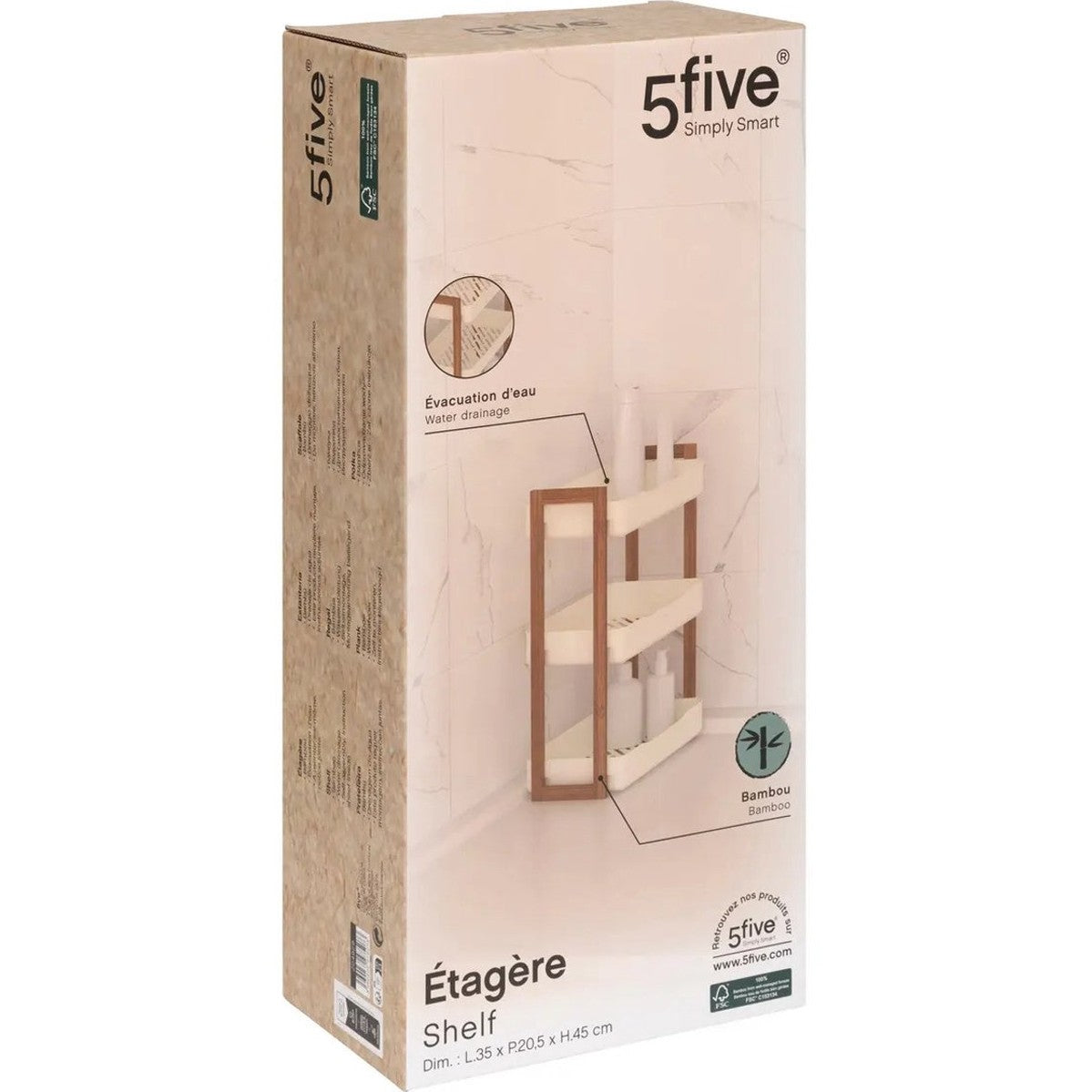 5Five Badkamer douche rekje - 3 laags - recht model - wit - kunststof/bamboe - 35 x 20 x 45 cm