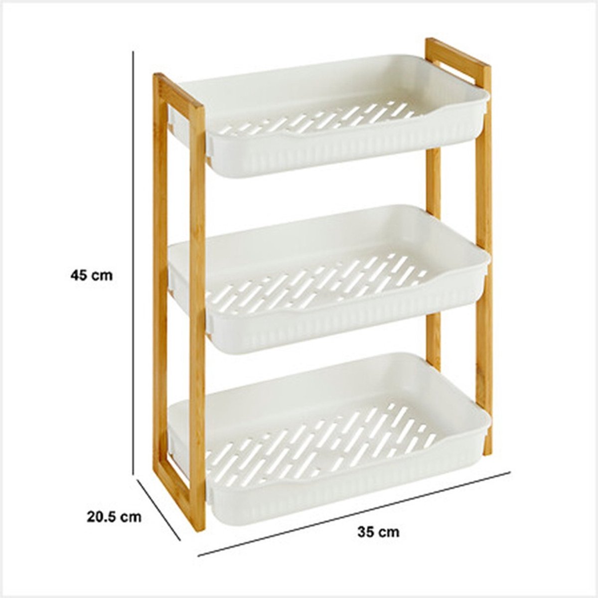 5Five Badkamer douche rekje - 3 laags - recht model - wit - kunststof/bamboe - 35 x 20 x 45 cm