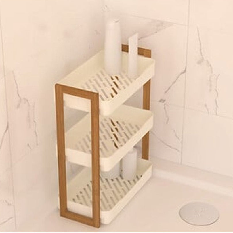 5Five Badkamer douche rekje - 3 laags - recht model - wit - kunststof/bamboe - 35 x 20 x 45 cm