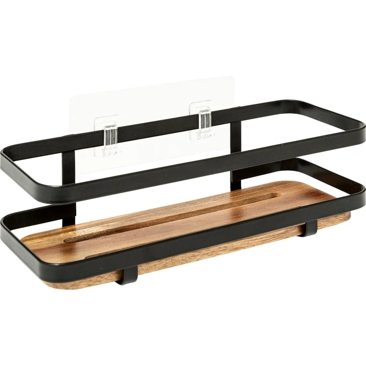 5Five Badkamer douche rekje organizer - zwart metaal/acacia hout - zuignappen - 25 x 10 x 8 cm