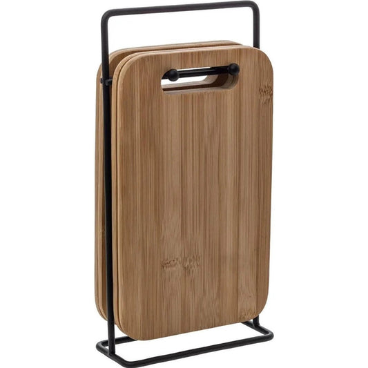 5Five Broodplankjes met houder - 4x stuks - 15 x 6,5 x 26 cm - bamboe hout met metaal - Snijplankjes