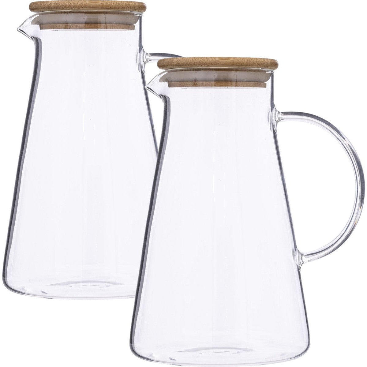 5Five Karaf/schenkkan 1,5 liter - 2x stuks - glas met bamboe houten deksel - Waterkan - Sapkan