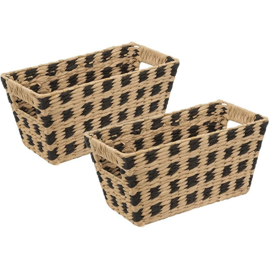 5Five Rieten opbergmand - 2x - gevlochten - beige/zwart - 31 x 15 x 1 - Kast-/badkamer mandjes