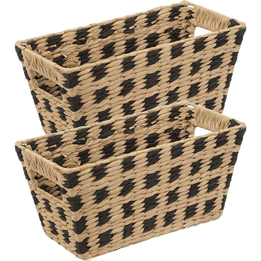5Five Rieten opbergmand - 4x - gevlochten - beige/zwart - 31 x 15 x 1 - Kast-/badkamer mandjes