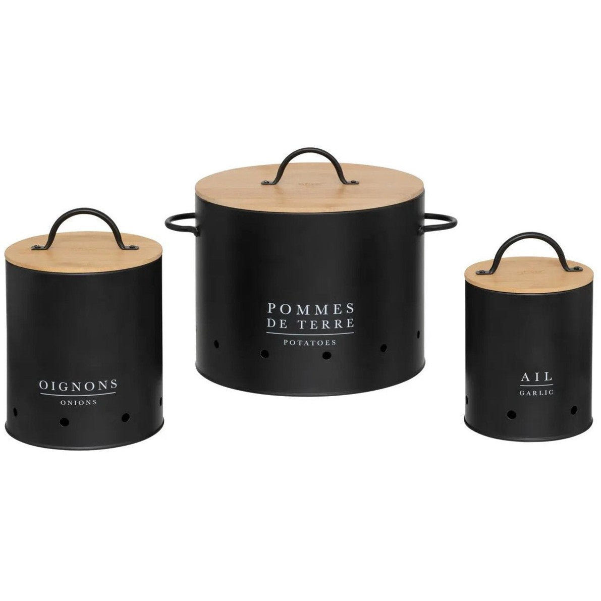 5Five Uien/Aardappelen/Knoflook bewaar potten/blikken set - metaal/bamboe - zwart - 22 x 28 cm - MODESTNOVA