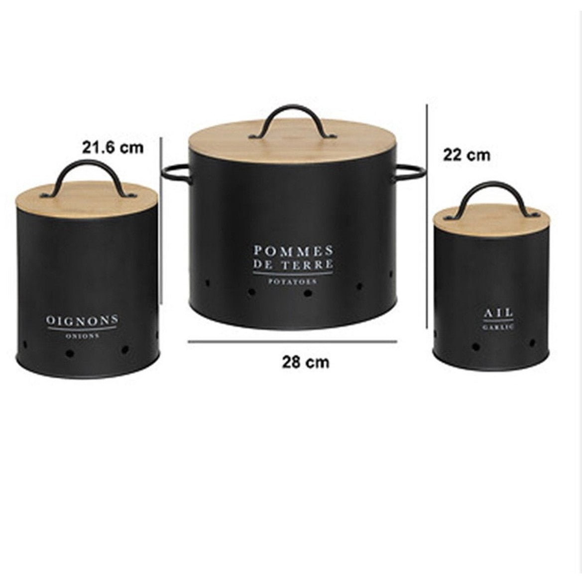 5Five Uien/Aardappelen/Knoflook bewaar potten/blikken set - metaal/bamboe - zwart - 22 x 28 cm - MODESTNOVA