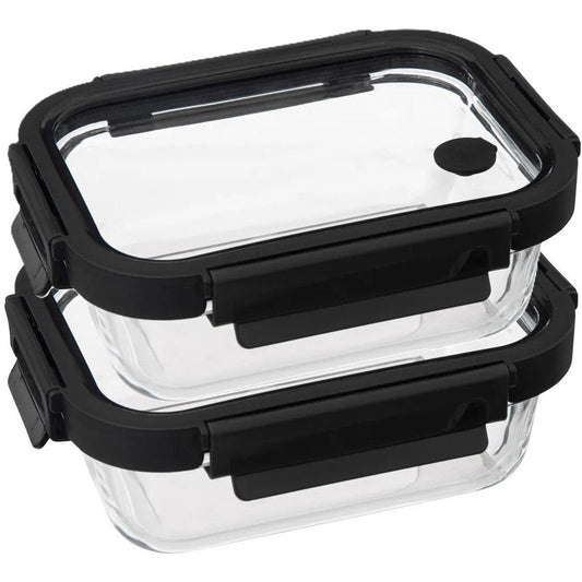 5Five Vershoudbakje met deksel - 2x - glas - luchtdicht - met clips - 19 x 14 x 7 cm - 500 ml - zwart/transparant - MODESTNOVA