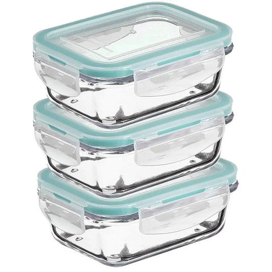 5Five Vershoudbakje met deksel - 3x - glas - luchtdicht - met clips - 14 x 10 x 5 cm - 330 ml - MODESTNOVA