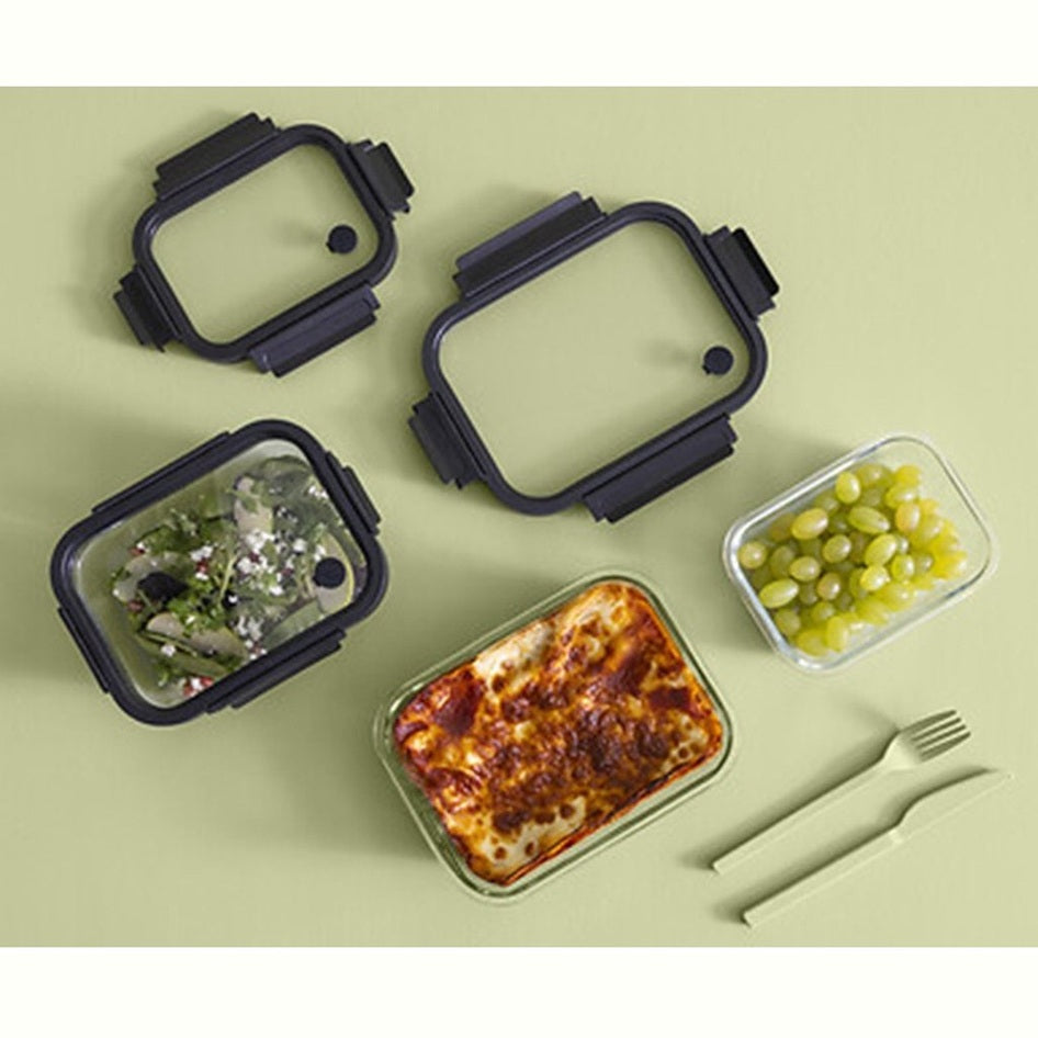 5Five Vershoudbakje met deksel - 3x - glas - luchtdicht - met clips - 19 x 14 x 7 cm - 500 ml - zwart/transparant - MODESTNOVA