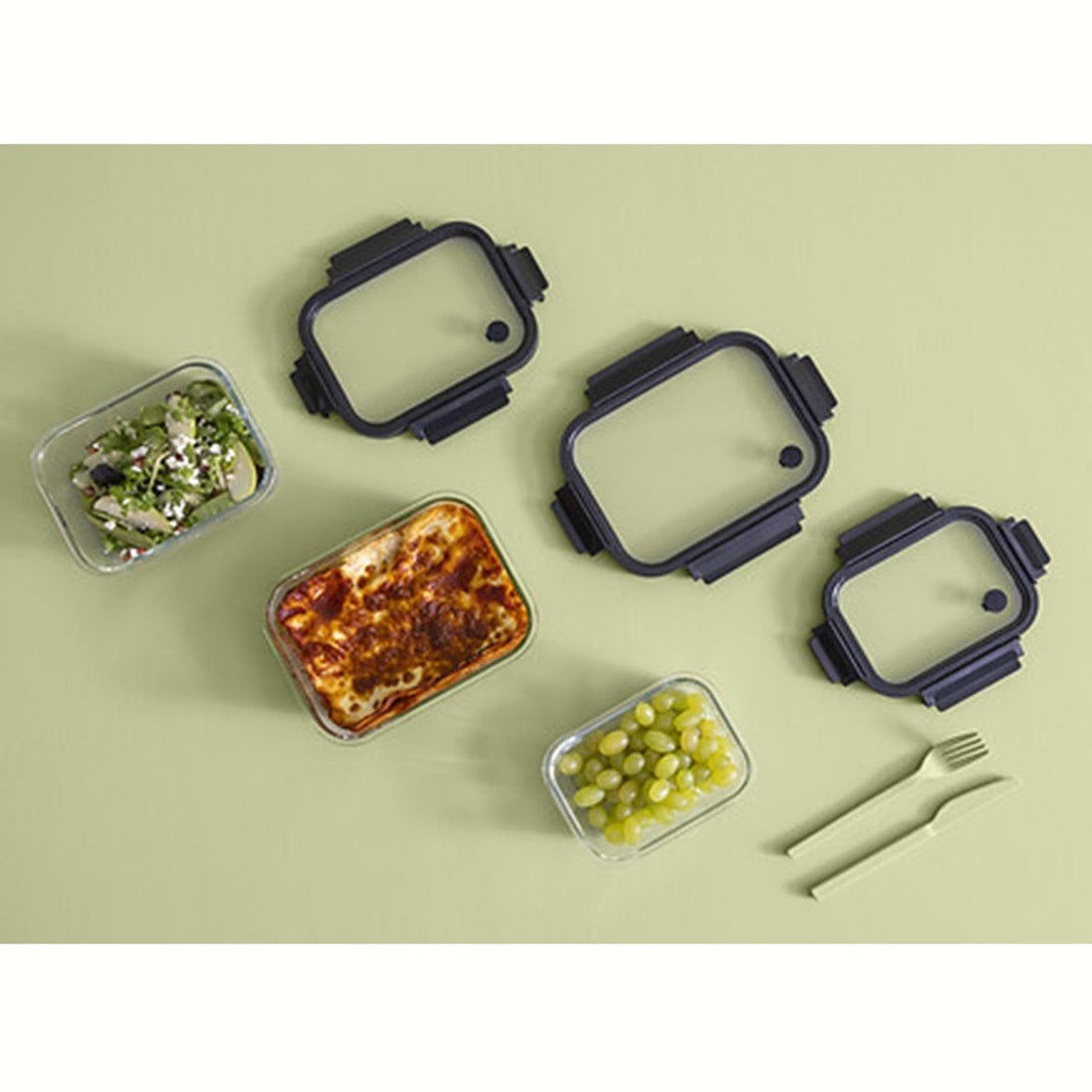 5Five Vershoudbakje met deksel - 3x - glas - luchtdicht - met clips - 19 x 14 x 7 cm - 500 ml - zwart/transparant - MODESTNOVA