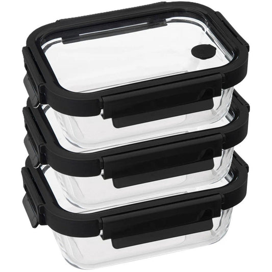 5Five Vershoudbakje met deksel - 3x - glas - luchtdicht - met clips - 19 x 14 x 7 cm - 500 ml - zwart/transparant - MODESTNOVA