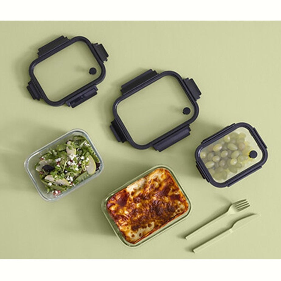 5Five Vershoudbakje met deksel - glas - luchtdicht - met clips - 19 x 14 x 7 cm - 500 ml - zwart/transparant