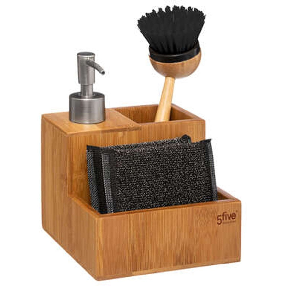 5Five Zeeppompje met keuken aanrecht organizer - lichtbruin - 3 compartimenten - bamboe - 13 x 12 x 20 cm