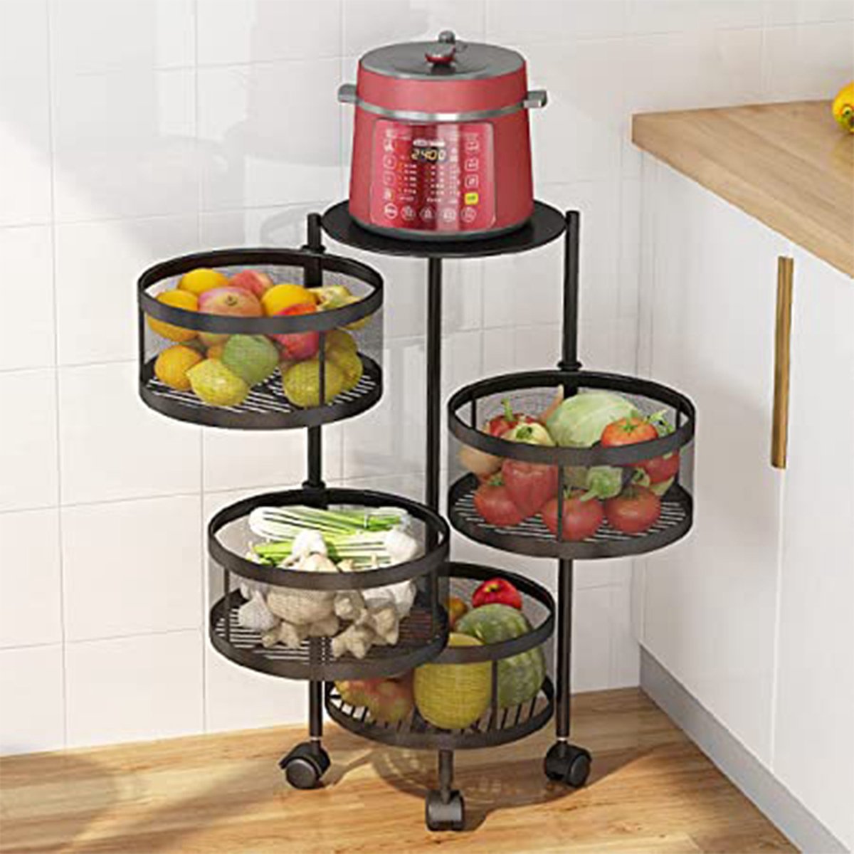 5Five Zwarte trolley met draaibare manden