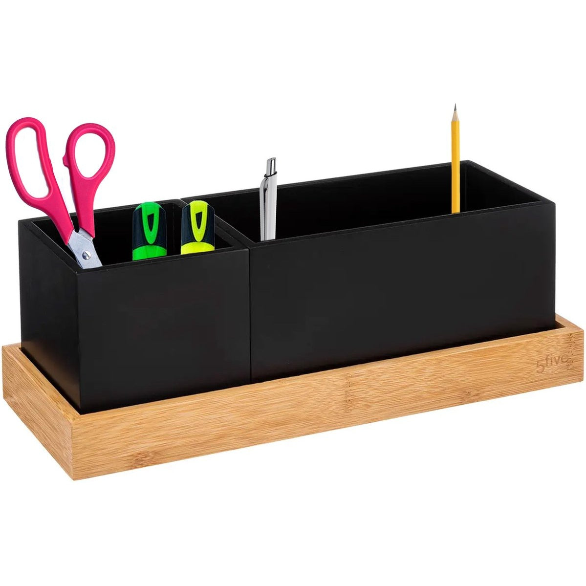 5Five pennenbakje/bureau organizer - zwart - 29 x 11 x 11 cm - bamboe hout