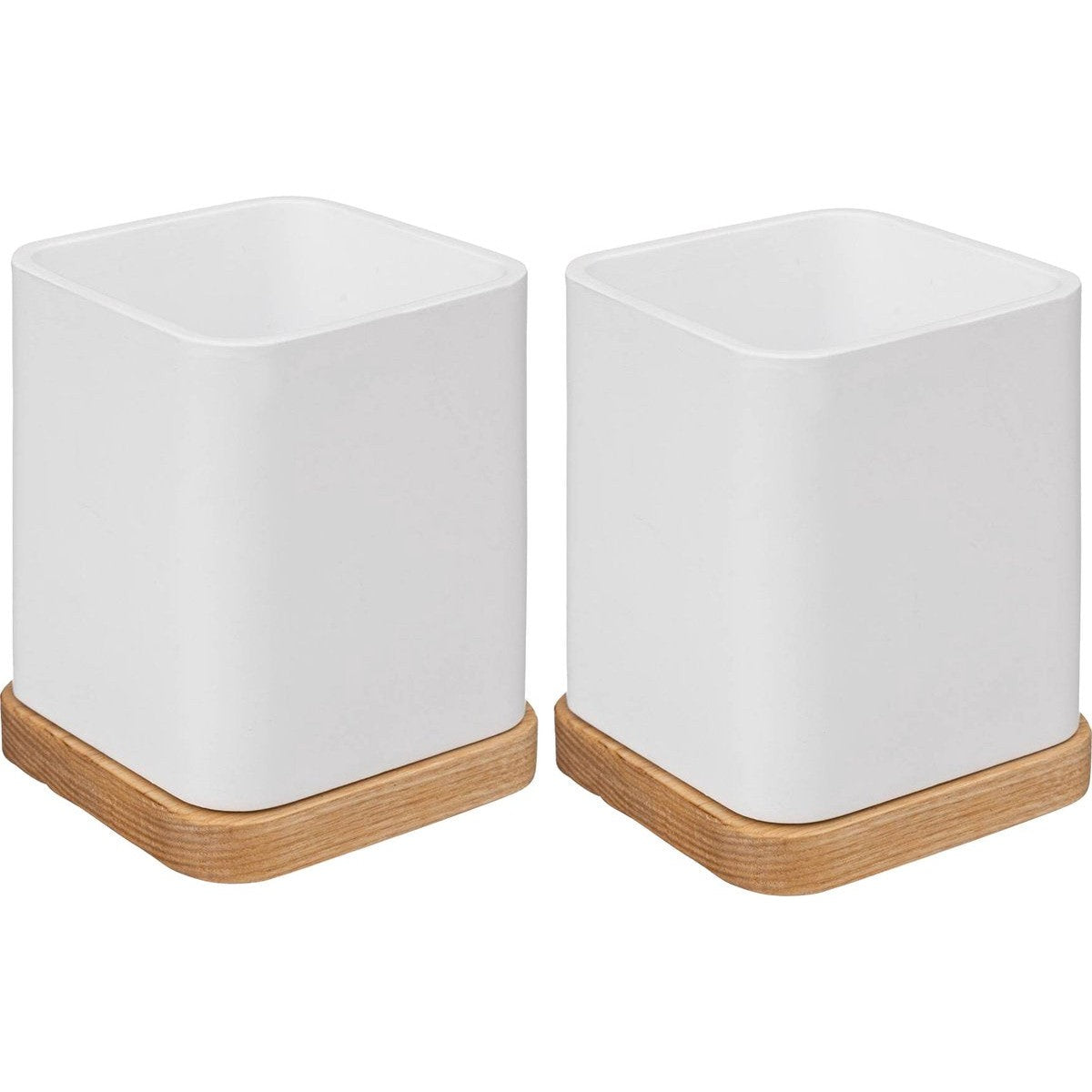 5Five tandenborstelhouder/organizer - 2x stuks - wit - 10 x 8 cm - bamboe - tandenborstel beker