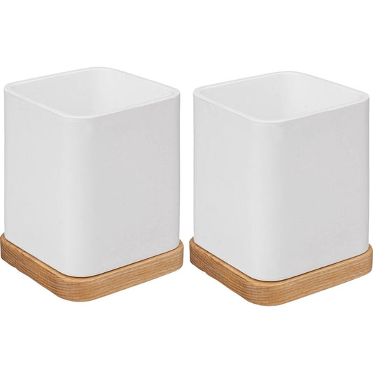 5Five tandenborstelhouder/organizer - 2x stuks - wit - 10 x 8 cm - bamboe - tandenborstel beker