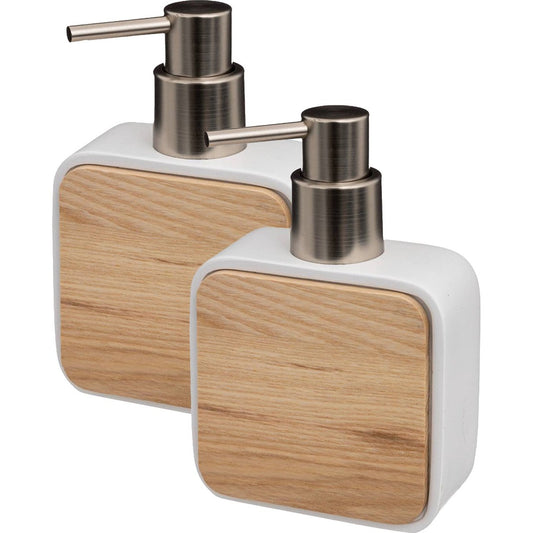 5Five zeeppompje/zeepdispenser - 2x stuks - wit - 10 x 15 cm - 200 ml - bamboe/kunststeen - badkamer