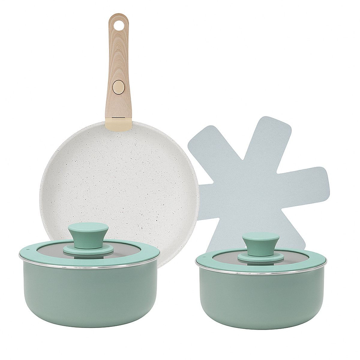 8-delige Pannenset – Mintgroen – Verwisselbare Houten Handgreep – Ultra Anti-aanbak – Geschikt voor Alle Warmtebronnen