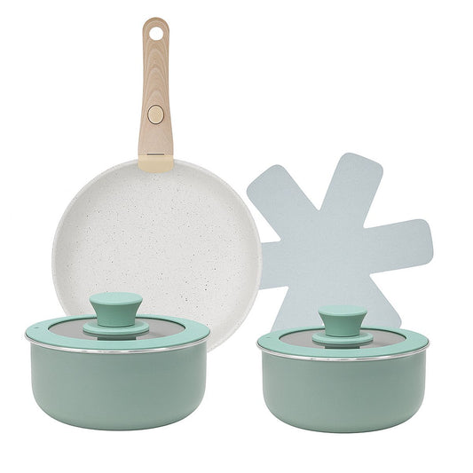 8-delige Pannenset – Mintgroen – Verwisselbare Houten Handgreep – Ultra Anti-aanbak – Geschikt voor Alle Warmtebronnen
