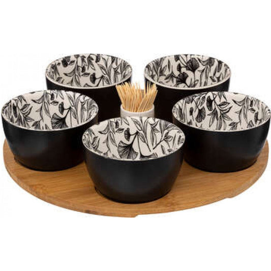 Aperitiefset zwart met bloem. 28cm Secret de gourmet