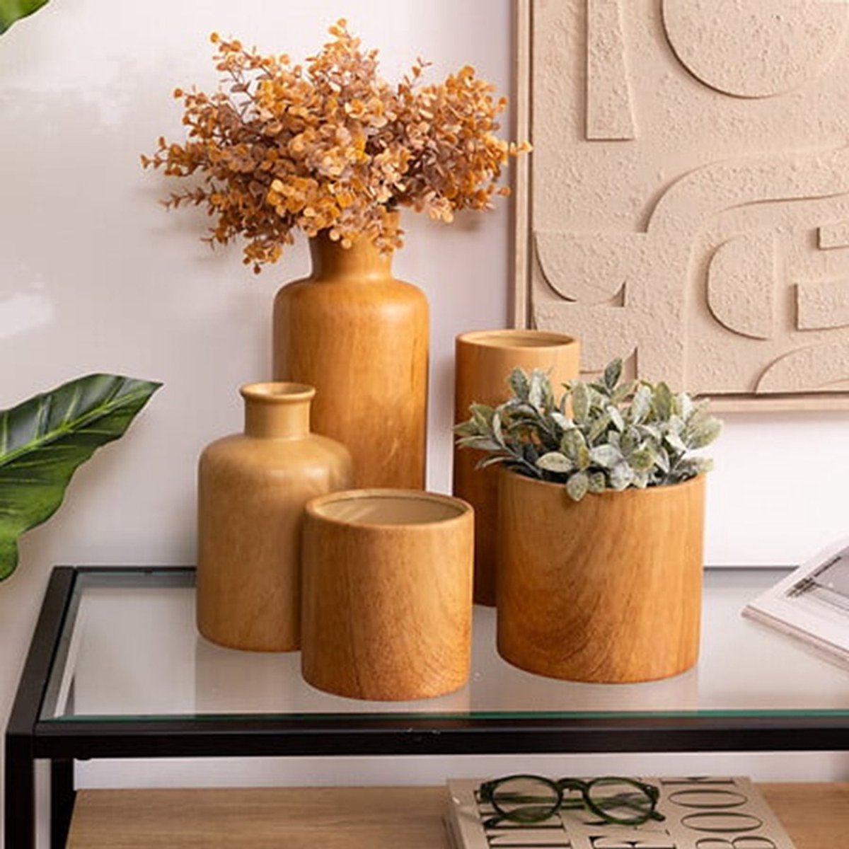 Atmosphera Bloemenvaas Botanic - houtlook bruin - keramiek - D12 x H30 cm - stelen en boeketten