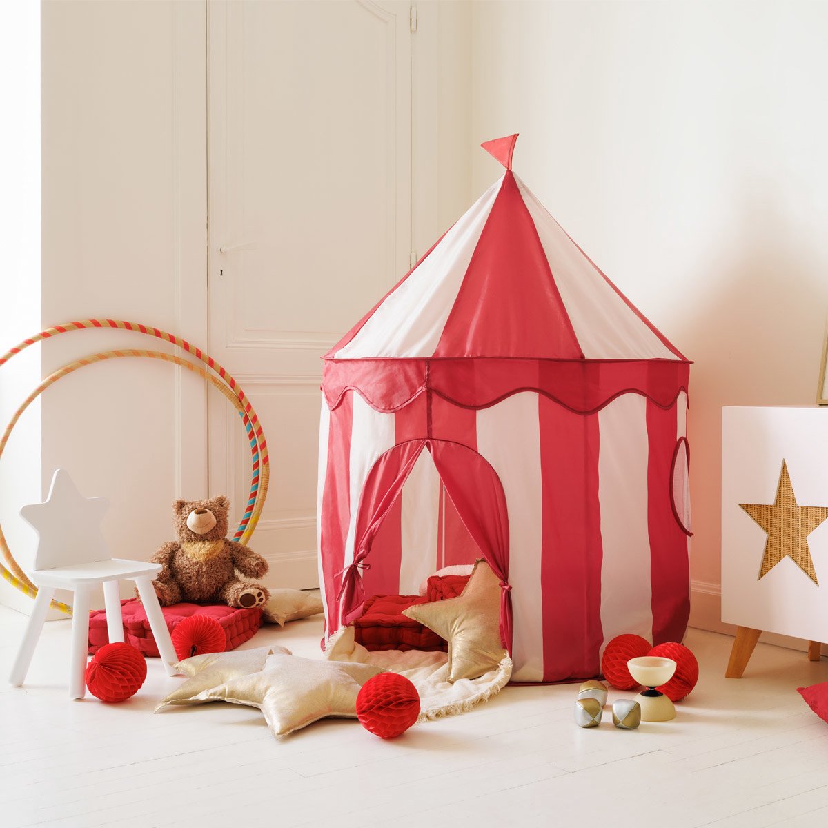 Atmosphera Circus speeltent voor kinderen - D100 x H135 cm - rood/wit - speelhuisjes - MODESTNOVA