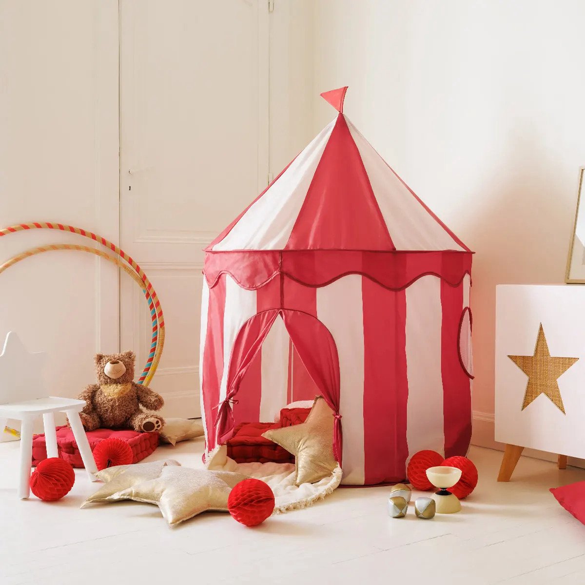 Atmosphera Circus speeltent voor kinderen - D100 x H135 cm - rood/wit - speelhuisjes - MODESTNOVA